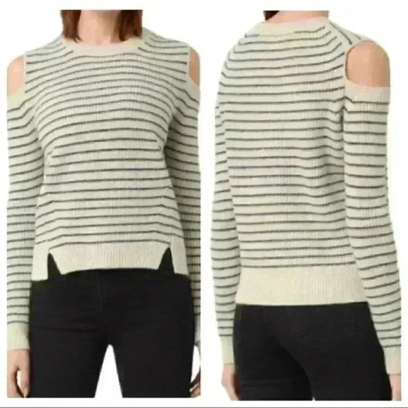 All Saints Sweaters - AllSaints women Mull cold shoulder Striped White wool sweater long sleeve Merino